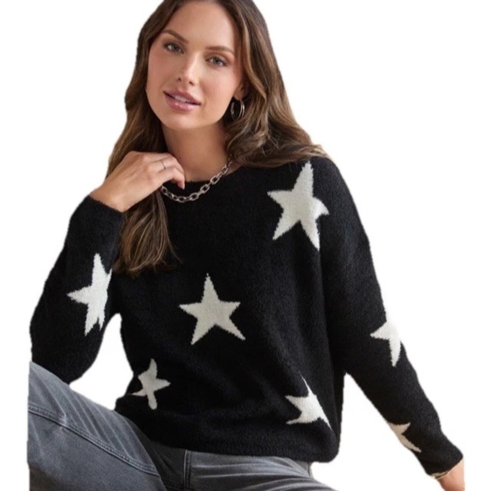Francescas Carey Teddy Star Sweater Black White Crew Neck Oversized Boxy S